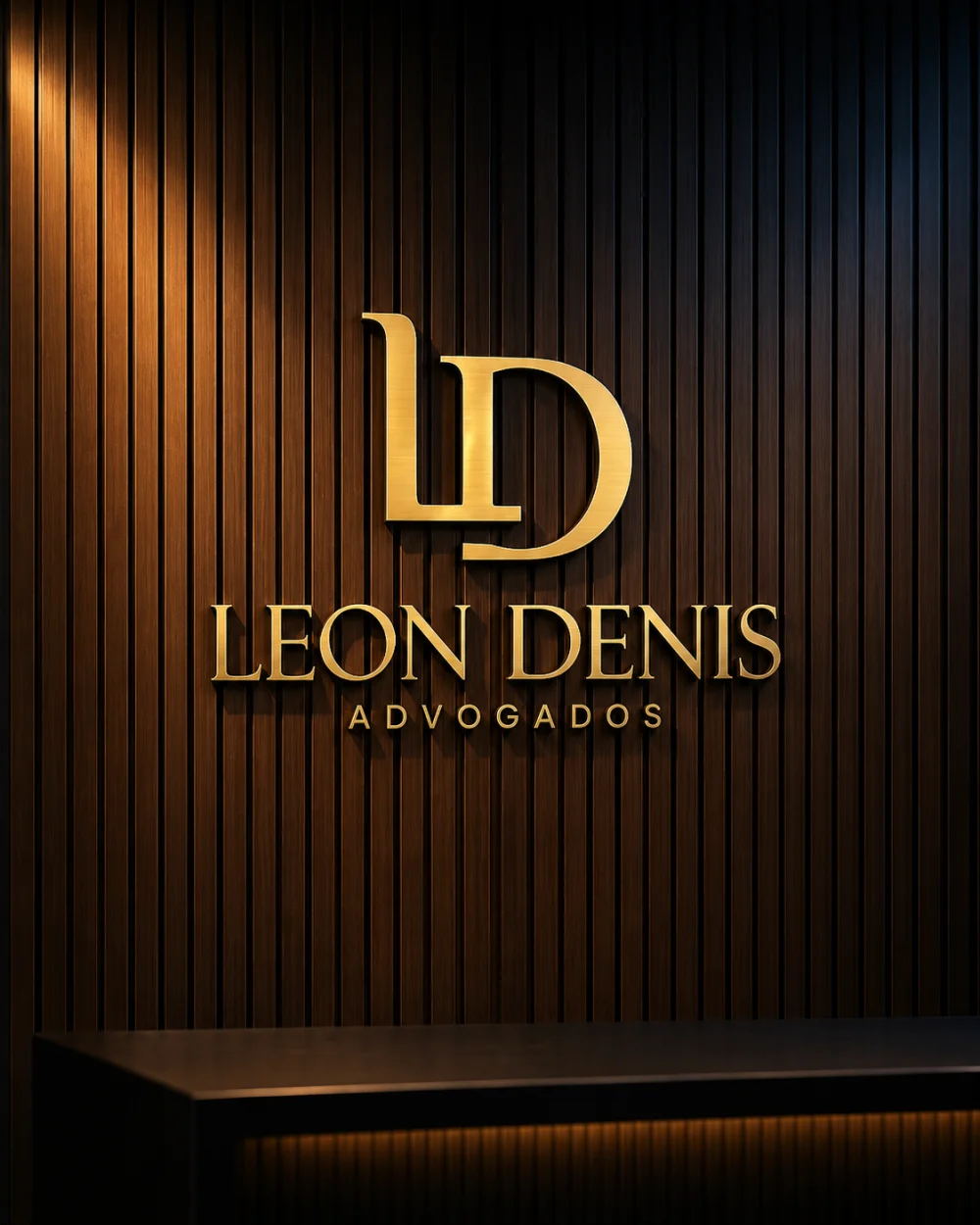Letreiro Leon Denis Advogados na recepção do escritório